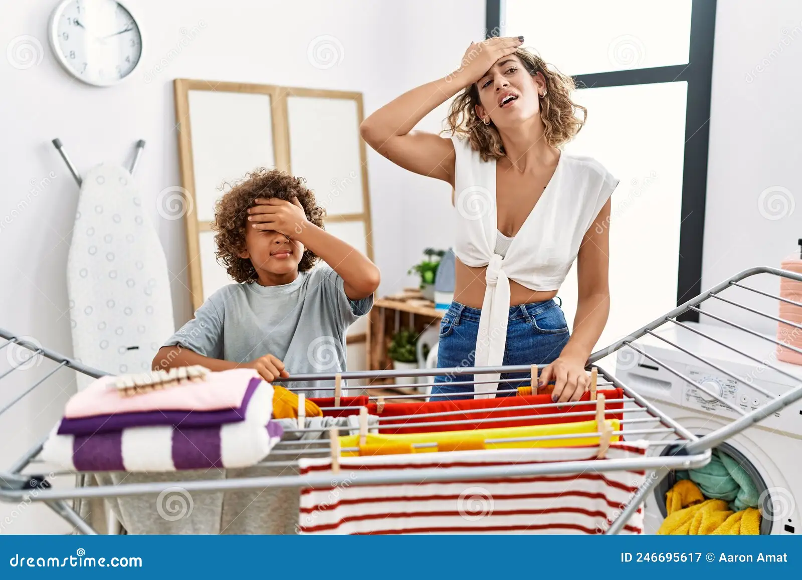 Young Woman Son Doing Laundry Clothesline Stressed Frustrated Hand Head Surprised Angry Face 246695617